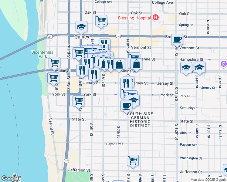 map of restaurants, bars, coffee shops, grocery stores, and more near 628 Jersey Street in Quincy