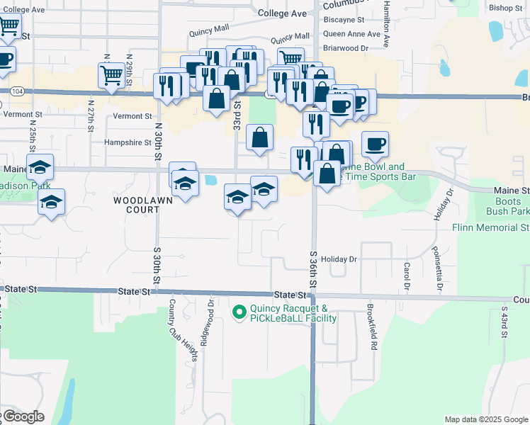 map of restaurants, bars, coffee shops, grocery stores, and more near 3322 Maine Street in Quincy