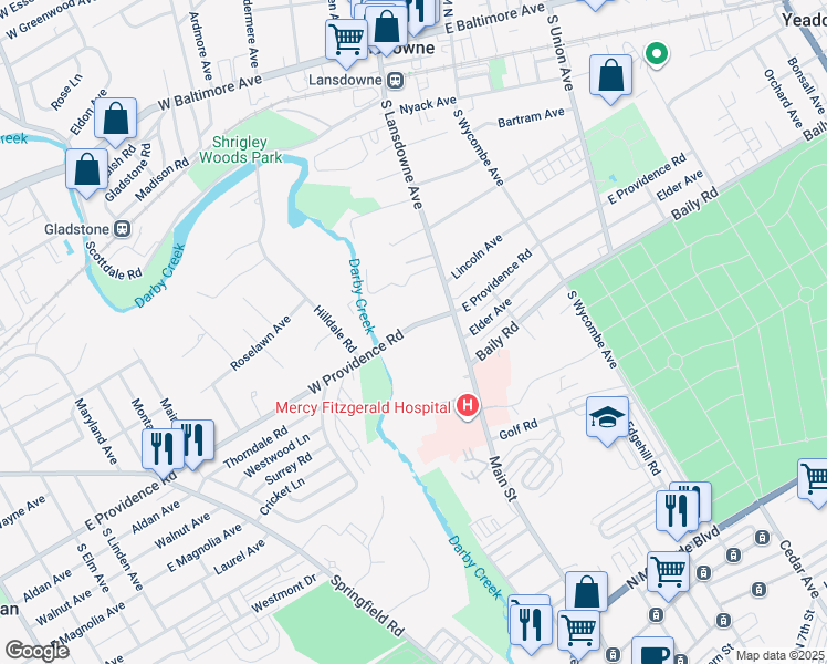 map of restaurants, bars, coffee shops, grocery stores, and more near 14 West Providence Road in Yeadon