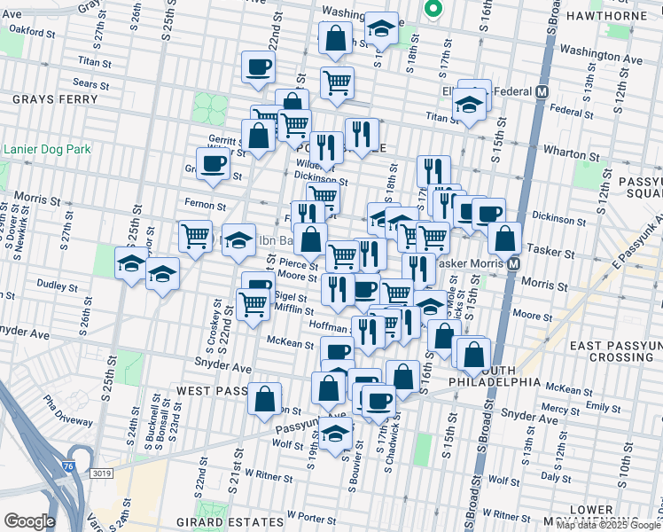 map of restaurants, bars, coffee shops, grocery stores, and more near 1919 Pierce Street in Philadelphia