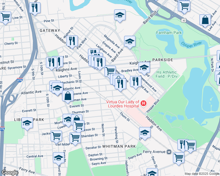 map of restaurants, bars, coffee shops, grocery stores, and more near 1342 Atlantic Avenue in Camden