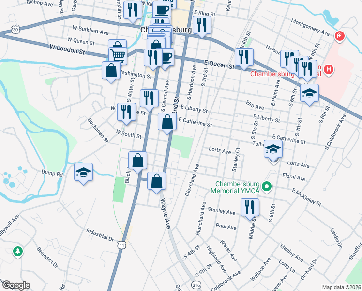 map of restaurants, bars, coffee shops, grocery stores, and more near 498 South 2nd Street in Chambersburg