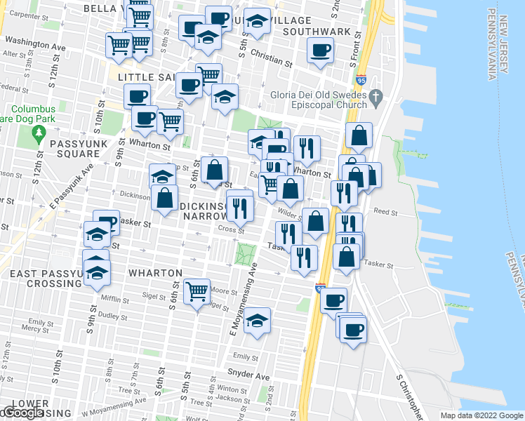 map of restaurants, bars, coffee shops, grocery stores, and more near 283 Wilder Street in Philadelphia