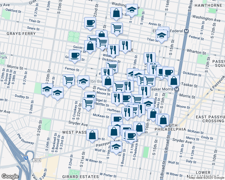 map of restaurants, bars, coffee shops, grocery stores, and more near 1933 Pierce Street in Philadelphia