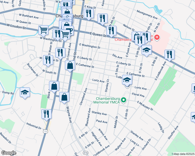 map of restaurants, bars, coffee shops, grocery stores, and more near 373 Lortz Avenue in Chambersburg