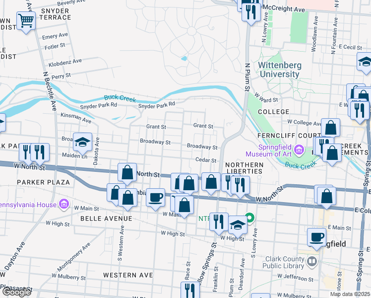 map of restaurants, bars, coffee shops, grocery stores, and more near 637 Broadway Street in Springfield