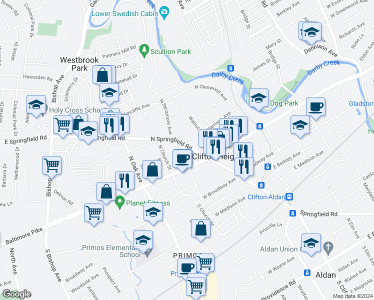 map of restaurants, bars, coffee shops, grocery stores, and more near 50 Summit Avenue in Clifton Heights