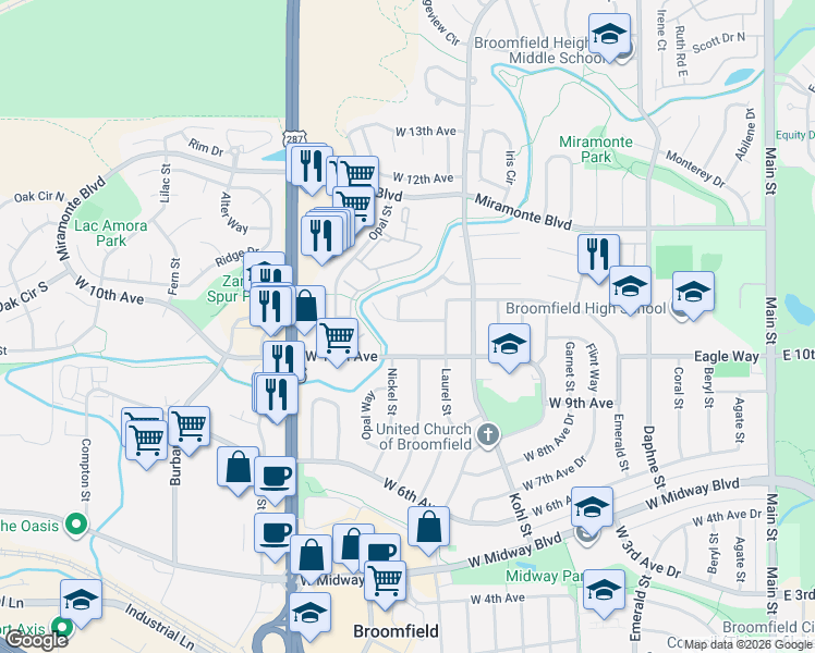 map of restaurants, bars, coffee shops, grocery stores, and more near 1325 Foxtail Drive in Broomfield