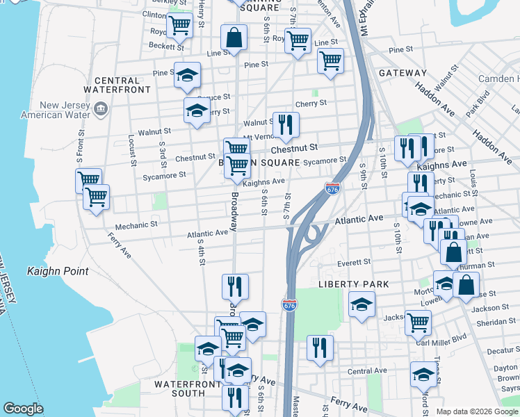 map of restaurants, bars, coffee shops, grocery stores, and more near 518 Liberty Street in Camden