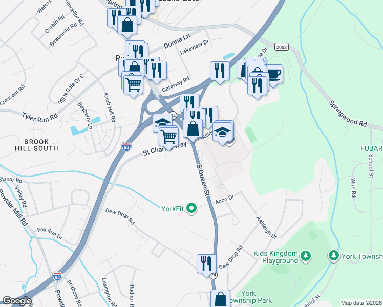 map of restaurants, bars, coffee shops, grocery stores, and more near 2180 South Queen Street in York