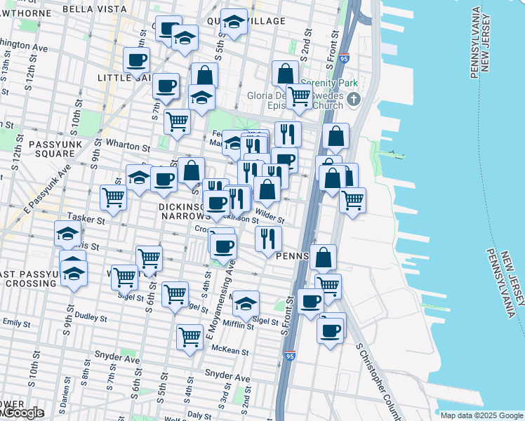 map of restaurants, bars, coffee shops, grocery stores, and more near 227 Wilder Street in Philadelphia