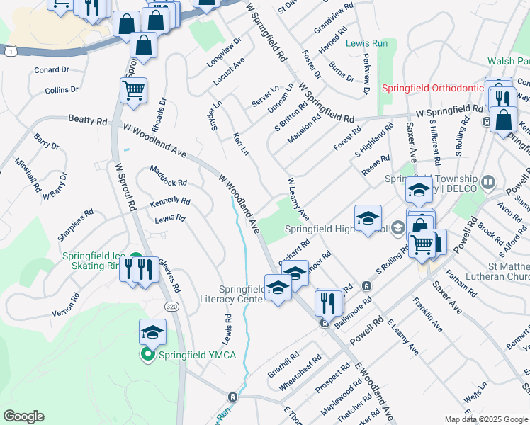 map of restaurants, bars, coffee shops, grocery stores, and more near 347 Spring Valley Road in Springfield