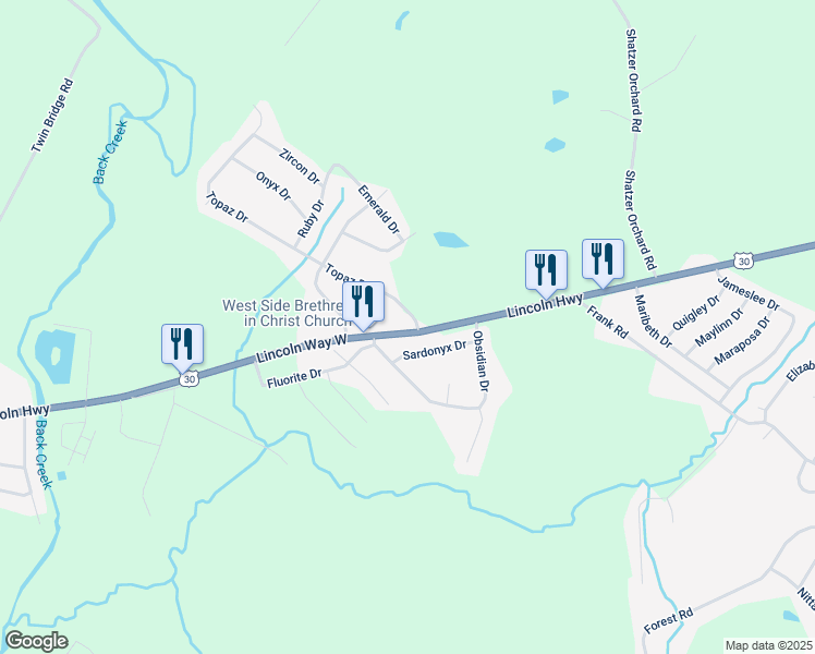 map of restaurants, bars, coffee shops, grocery stores, and more near 2553 Lincoln Highway in Chambersburg
