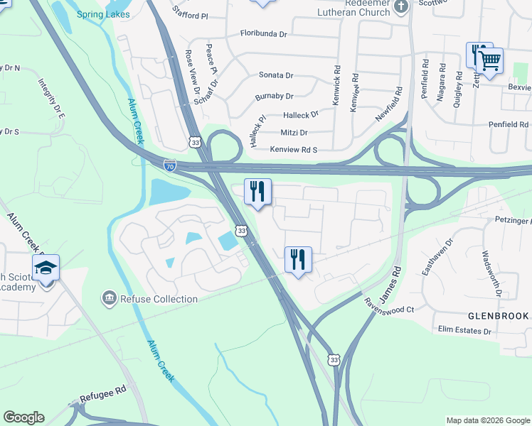 map of restaurants, bars, coffee shops, grocery stores, and more near 1957 Prince George Drive in Columbus