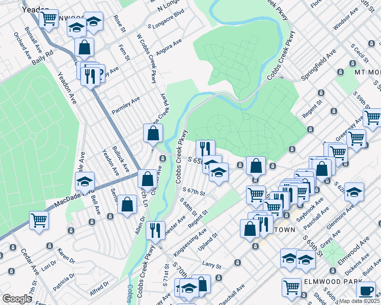 map of restaurants, bars, coffee shops, grocery stores, and more near 6425 Windsor Street in Philadelphia