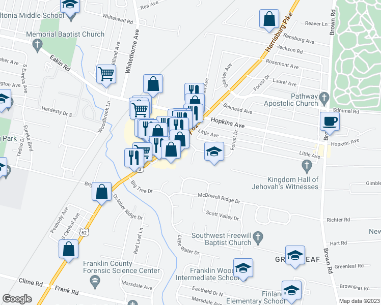 map of restaurants, bars, coffee shops, grocery stores, and more near 2006 Arden Forest Lane in Columbus