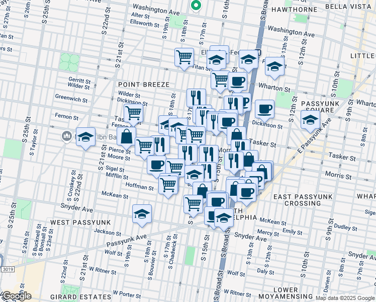 map of restaurants, bars, coffee shops, grocery stores, and more near 1700 South Chadwick Street in Philadelphia
