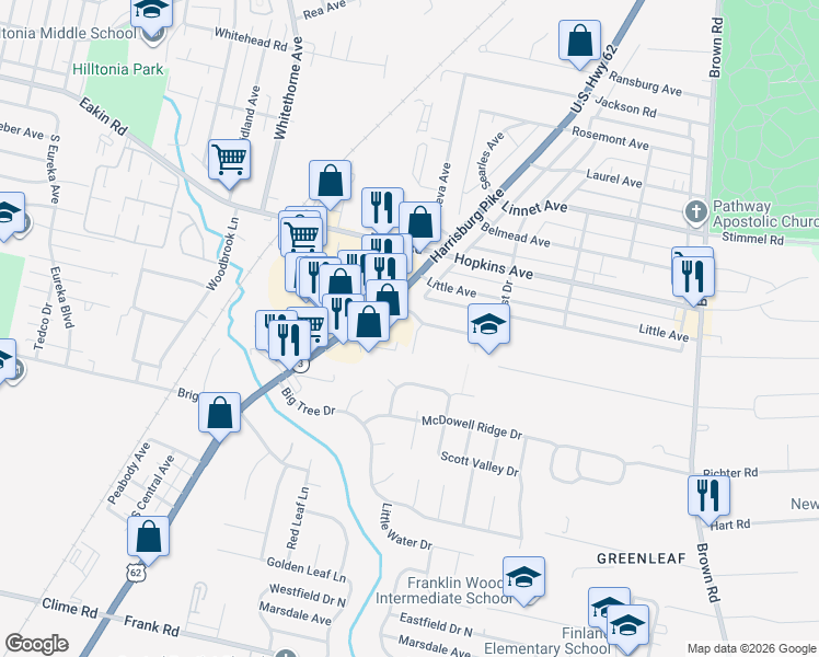 map of restaurants, bars, coffee shops, grocery stores, and more near 2006 Arden Forest Lane in Columbus