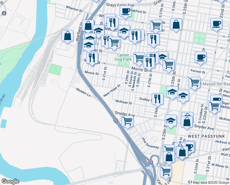 map of restaurants, bars, coffee shops, grocery stores, and more near 1911 South 30th Street in Philadelphia