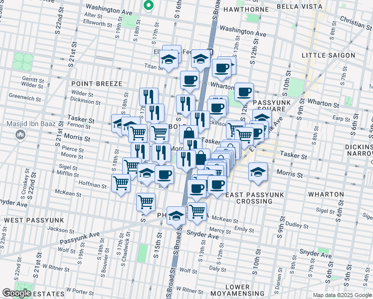 map of restaurants, bars, coffee shops, grocery stores, and more near 1635 South Rosewood Street in Philadelphia