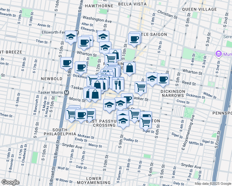 map of restaurants, bars, coffee shops, grocery stores, and more near 1536 South 10th Street in Philadelphia