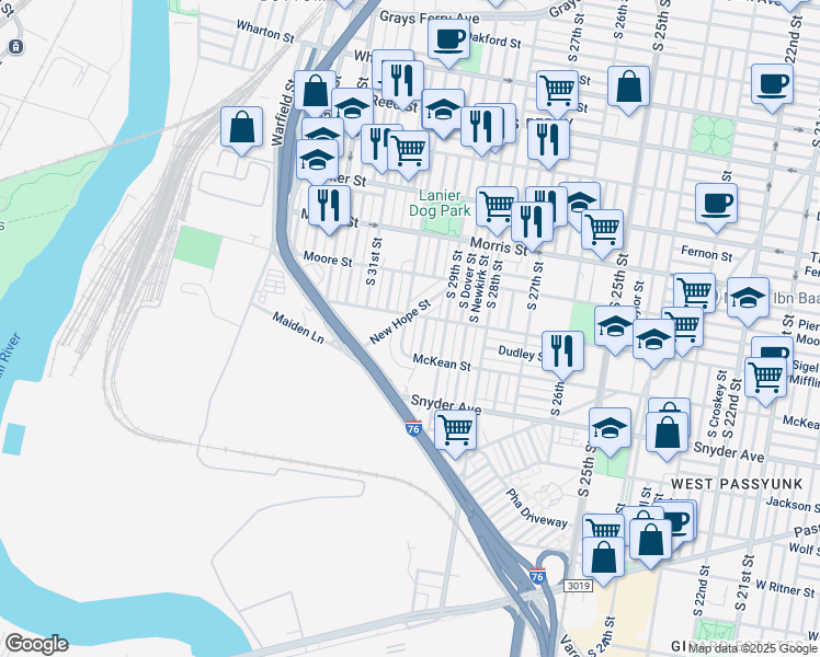 map of restaurants, bars, coffee shops, grocery stores, and more near 1911 South 30th Street in Philadelphia