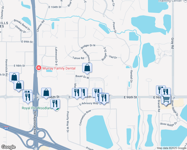 map of restaurants, bars, coffee shops, grocery stores, and more near 9750 Lakeshore Drive East in Indianapolis