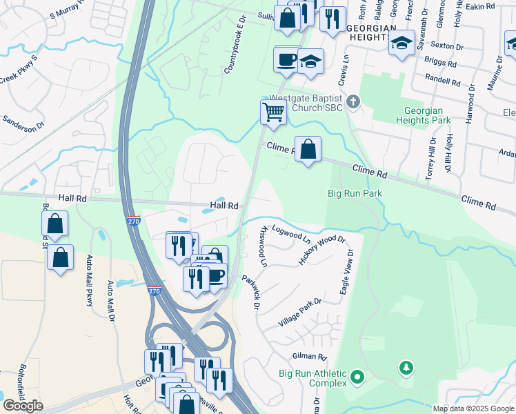 map of restaurants, bars, coffee shops, grocery stores, and more near 1104 Georgesville Road in Columbus
