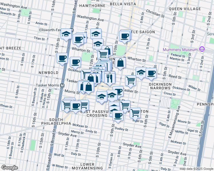 map of restaurants, bars, coffee shops, grocery stores, and more near 1010 Cross Street in Philadelphia