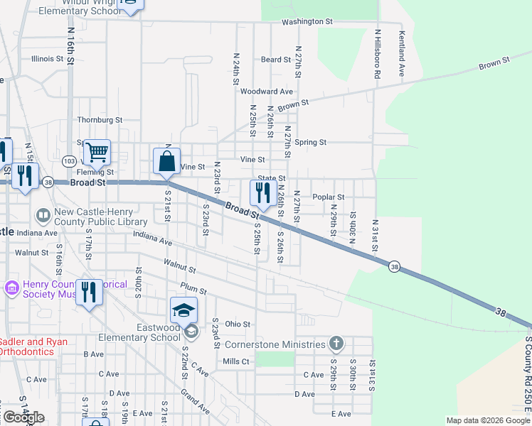 map of restaurants, bars, coffee shops, grocery stores, and more near 2500 Broad Street in New Castle