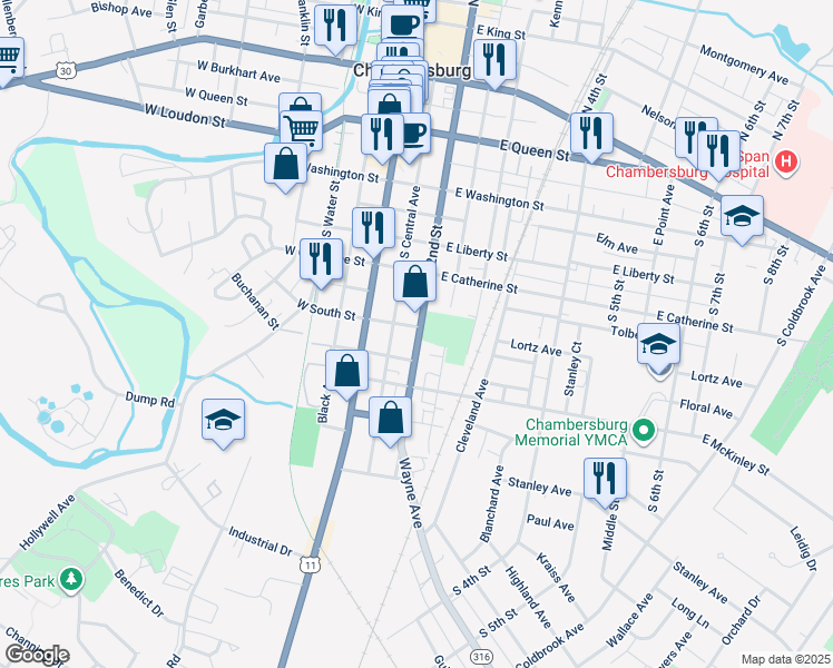 map of restaurants, bars, coffee shops, grocery stores, and more near 505 South 2nd Street in Chambersburg