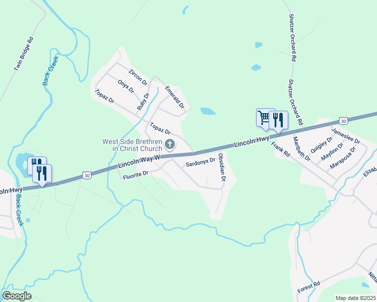 map of restaurants, bars, coffee shops, grocery stores, and more near 2553 Lincoln Highway in Chambersburg