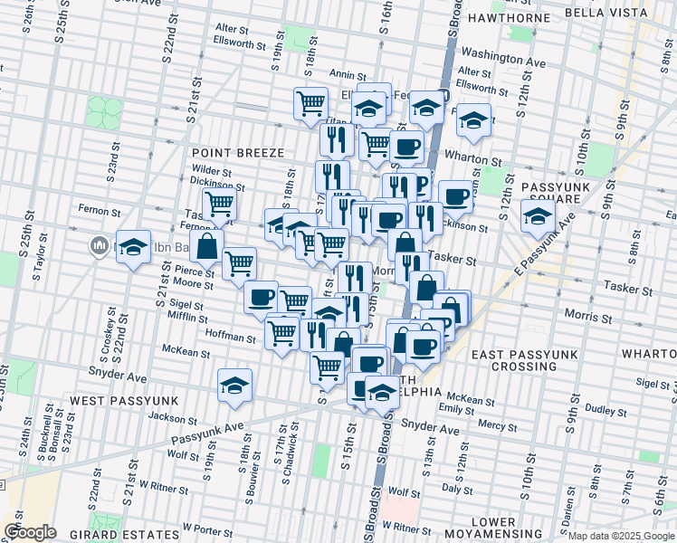 map of restaurants, bars, coffee shops, grocery stores, and more near 1648 South Bancroft Street in Philadelphia