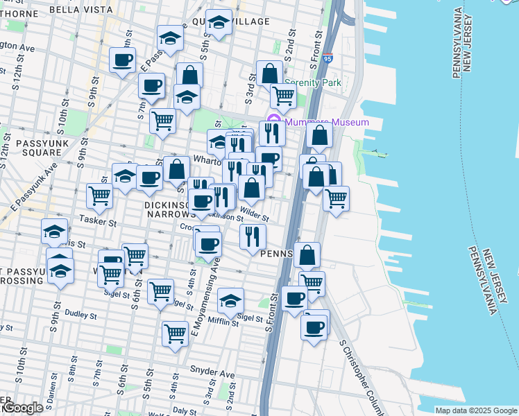 map of restaurants, bars, coffee shops, grocery stores, and more near 1420 South 2nd Street in Philadelphia