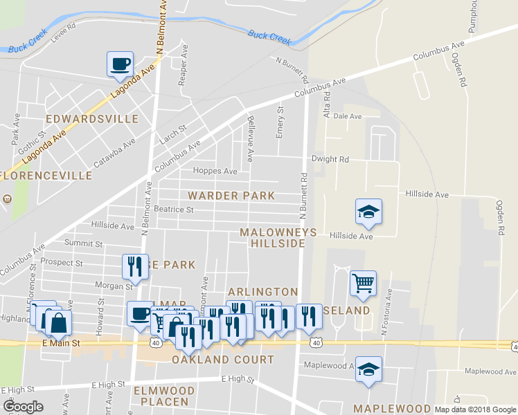 map of restaurants, bars, coffee shops, grocery stores, and more near 2414 Beatrice St in Springfield