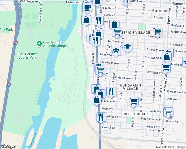 map of restaurants, bars, coffee shops, grocery stores, and more near 28 West Morrill Avenue in Columbus