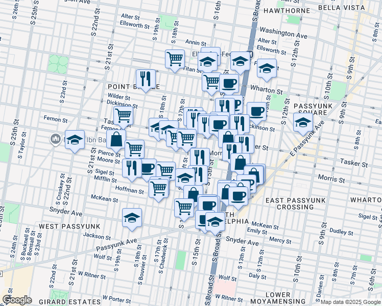 map of restaurants, bars, coffee shops, grocery stores, and more near 1648 South 16th Street in Philadelphia