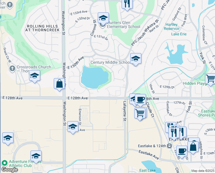 map of restaurants, bars, coffee shops, grocery stores, and more near 1286 East 130th Avenue in Thornton