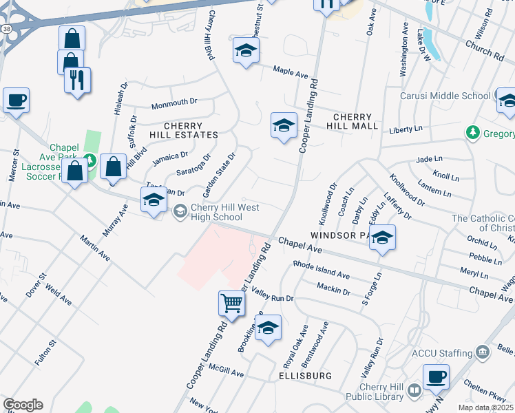map of restaurants, bars, coffee shops, grocery stores, and more near 19 Regency Court in Cherry Hill