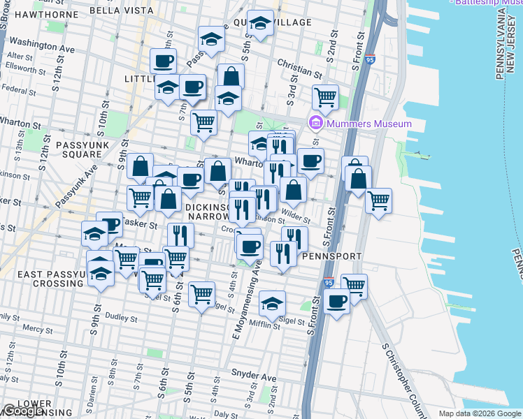 map of restaurants, bars, coffee shops, grocery stores, and more near 1429 South 4th Street in Philadelphia