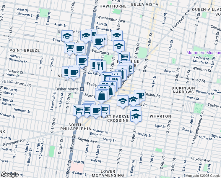 map of restaurants, bars, coffee shops, grocery stores, and more near 1600 South 12th Street in Philadelphia