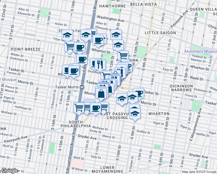 map of restaurants, bars, coffee shops, grocery stores, and more near 1600 South 12th Street in Philadelphia