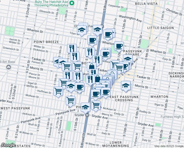 map of restaurants, bars, coffee shops, grocery stores, and more near 1627 South Carlisle Street in Philadelphia