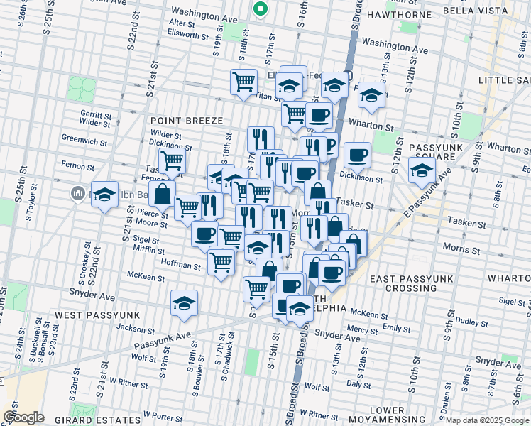 map of restaurants, bars, coffee shops, grocery stores, and more near 1648 South Bancroft Street in Philadelphia