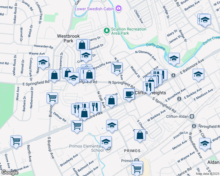 map of restaurants, bars, coffee shops, grocery stores, and more near 132 North Church Street in Clifton Heights