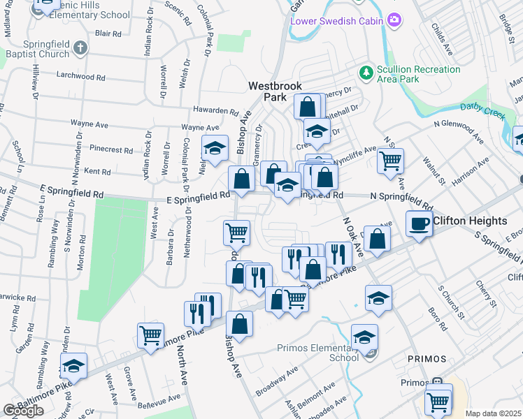 map of restaurants, bars, coffee shops, grocery stores, and more near 190 Westbrook Drive in Clifton Heights