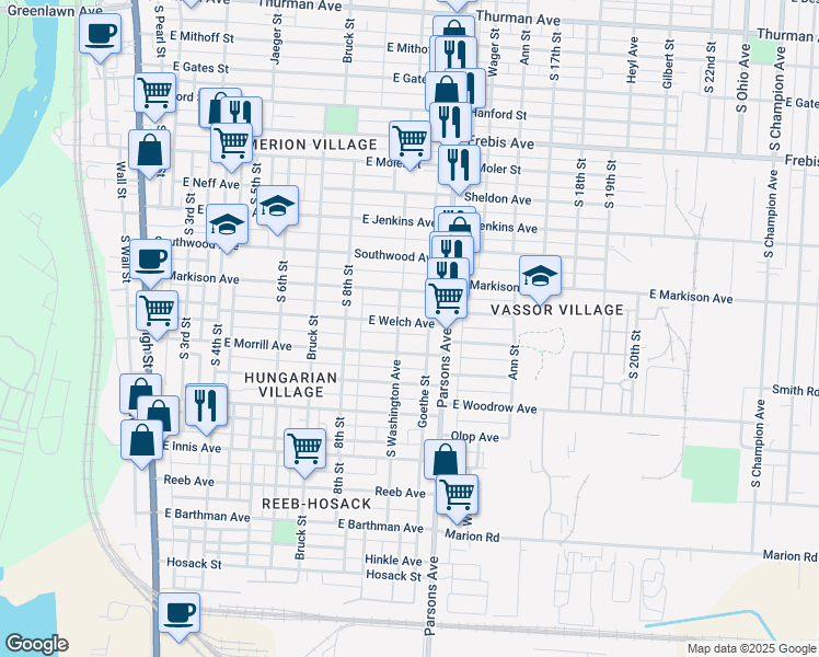 map of restaurants, bars, coffee shops, grocery stores, and more near 359 East Welch Avenue in Columbus