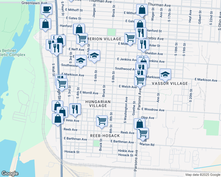 map of restaurants, bars, coffee shops, grocery stores, and more near 1604 Bruck Street in Columbus