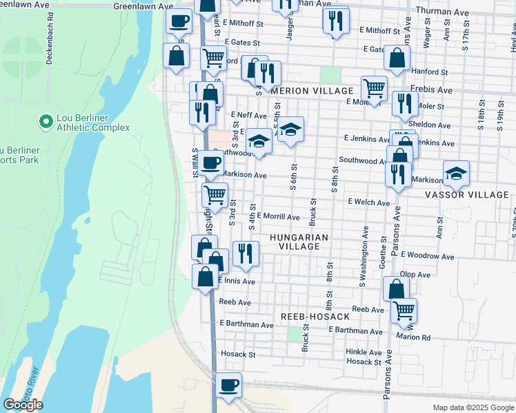 map of restaurants, bars, coffee shops, grocery stores, and more near 141 East Welch Avenue in Columbus