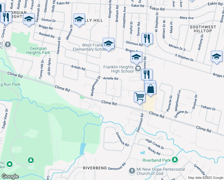 map of restaurants, bars, coffee shops, grocery stores, and more near 1150 Mccarley Drive West in Columbus